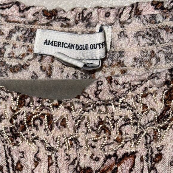American Eagle Outfitters Brown and White Smocked Cropped Blouse - Picture 2 of 8